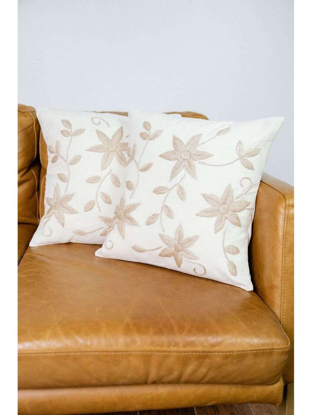 Flowers Hand Embroidered Decorative Pillow Covers (Set of Two).  Artisan Made.